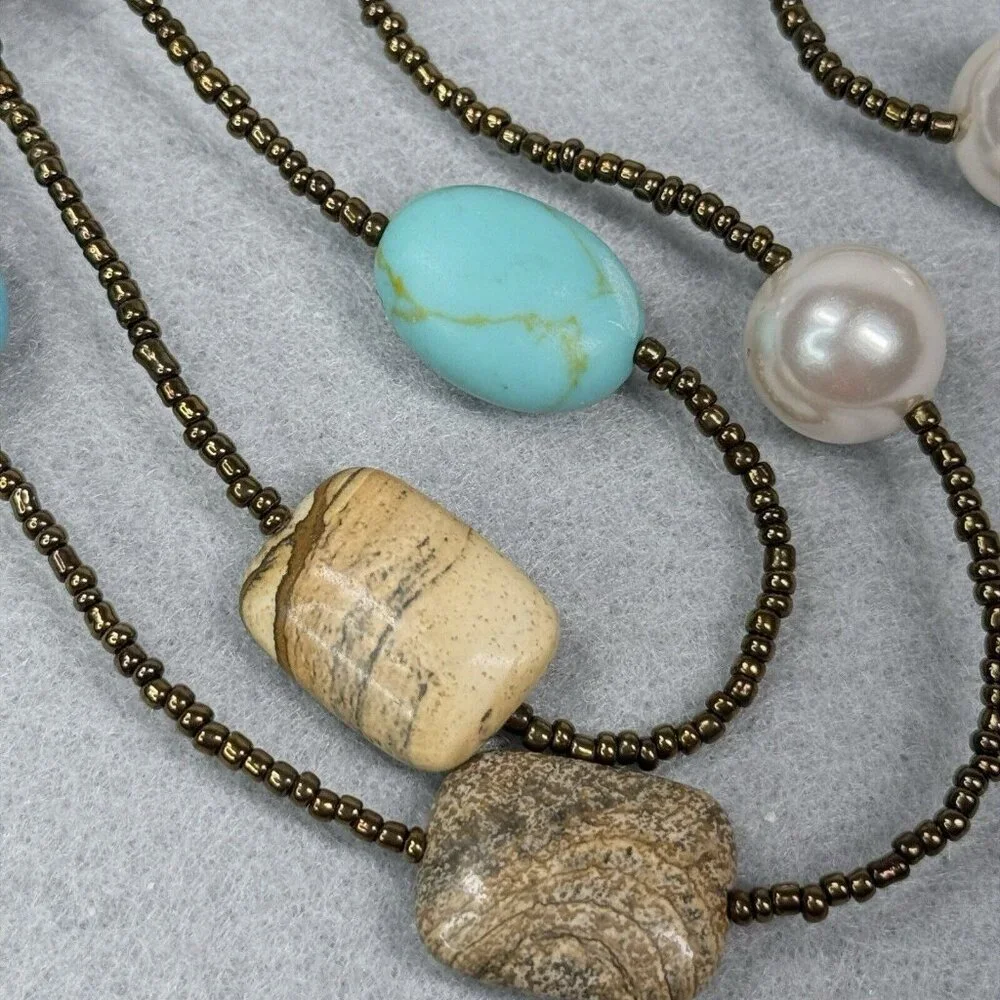 Lia Sophia Necklace Capri Jasper Turquoise Faux Pearl Bronze Seed Beads Beachy - Picture 3 of 7